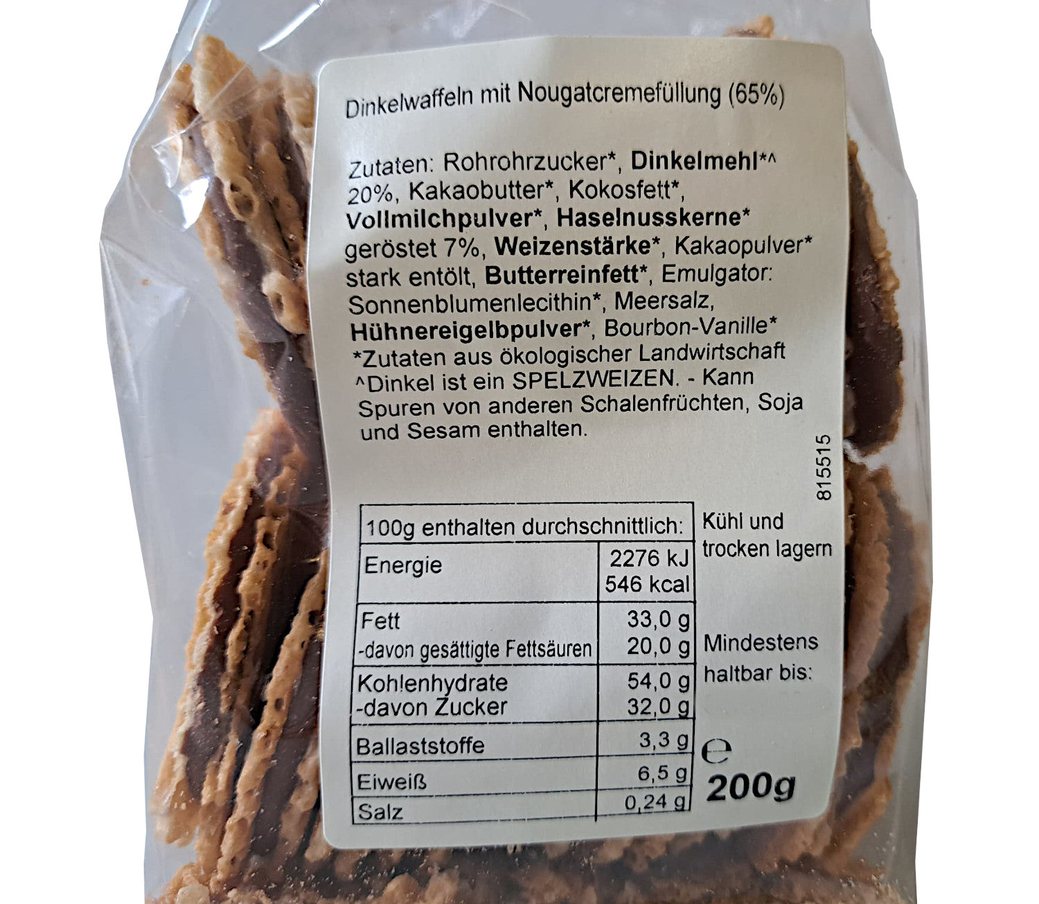 Dinkelwaffeln mit Nougatfüllung 150g