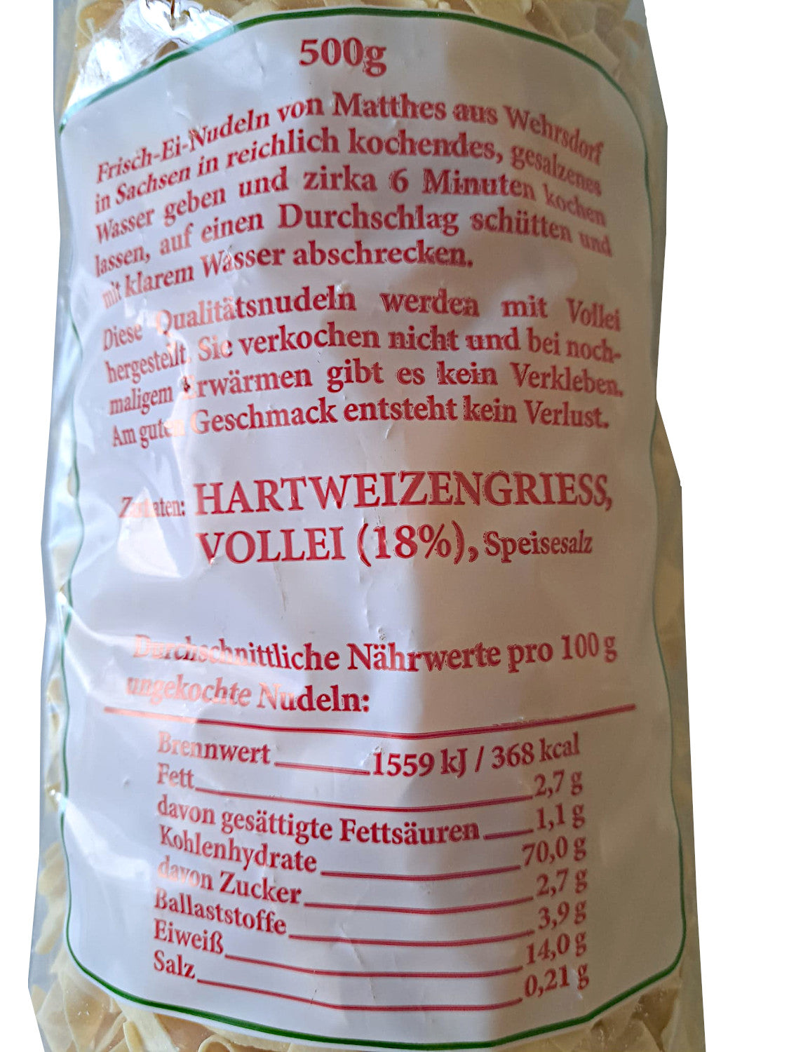 Frischei Nudeln Hartweizen Bandnudeln 8mm 500g