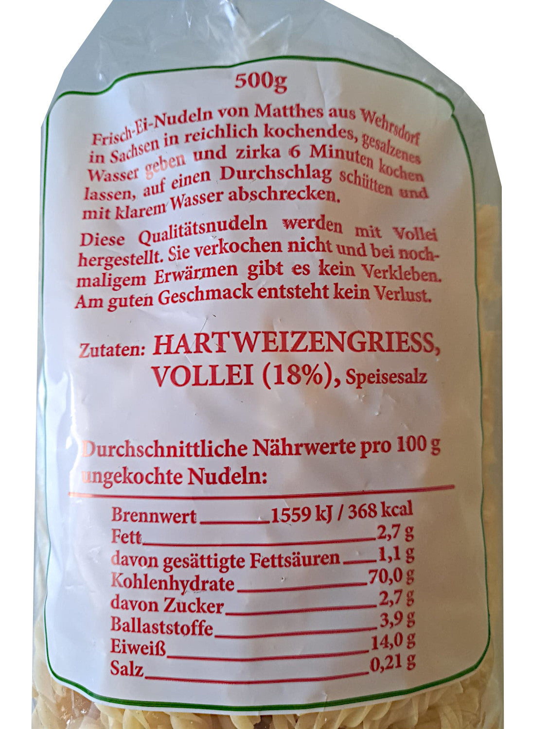 4x Frischei Nudeln Hartweizen Spirelli 500g