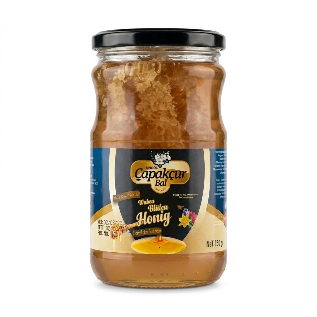 Wildblumenhonig / Blütenhonig mit Wabenstück 850g in Premium Qualität, Gold prämiert in London und Paris