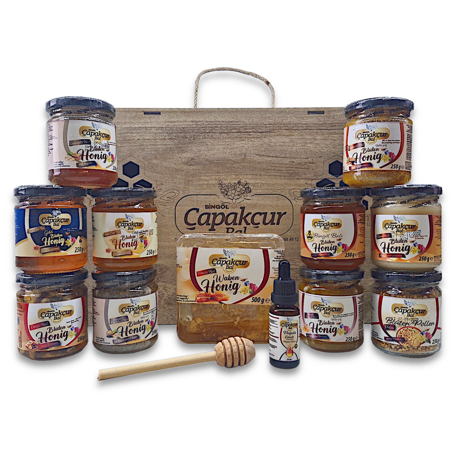 Honig-Geschenkset / Probierset, beste Qualität mit 9 verschiedenen Honigen + Honigwabe + Propolis + Blütenpollen + Honiglöffel