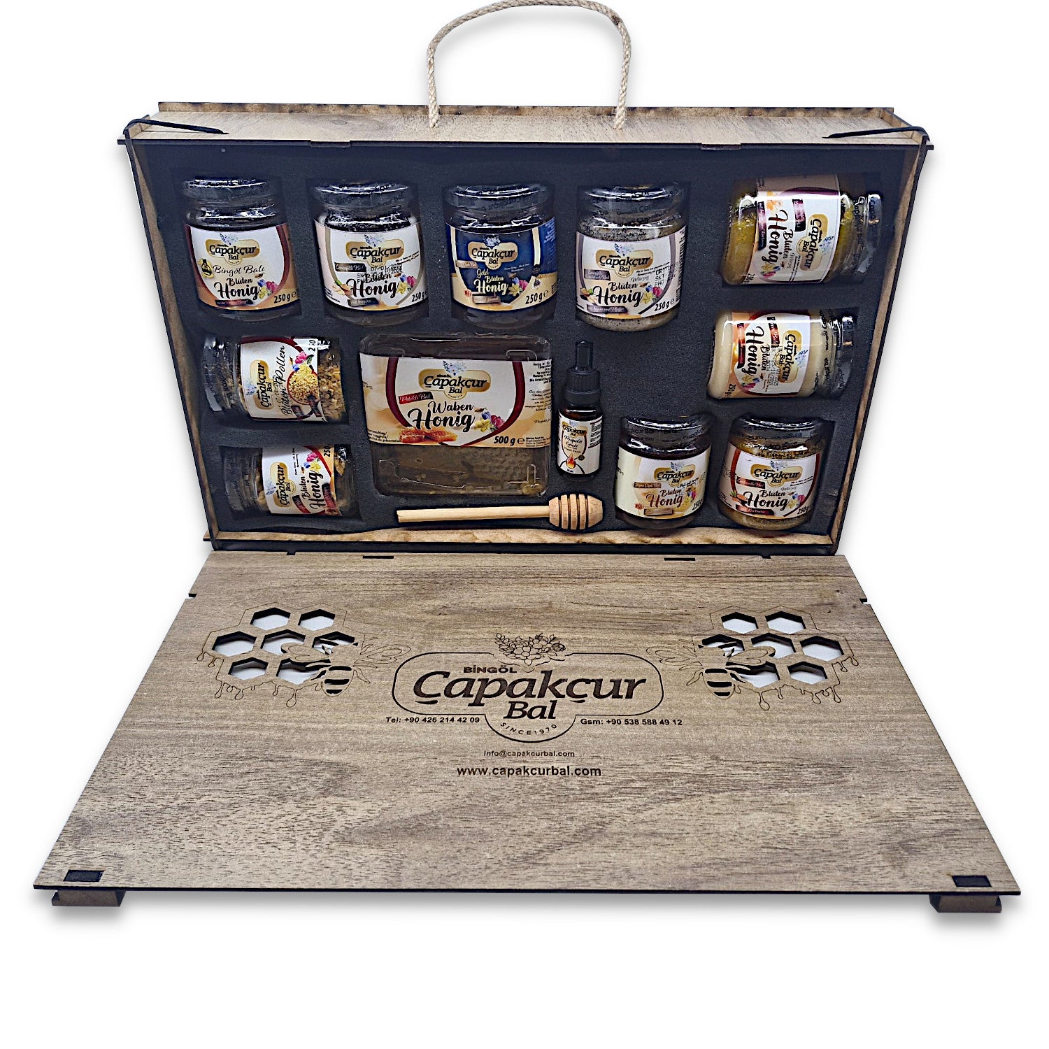 Honig-Geschenkset / Probierset, beste Qualität mit 9 verschiedenen Honigen + Honigwabe + Propolis + Blütenpollen + Honiglöffel