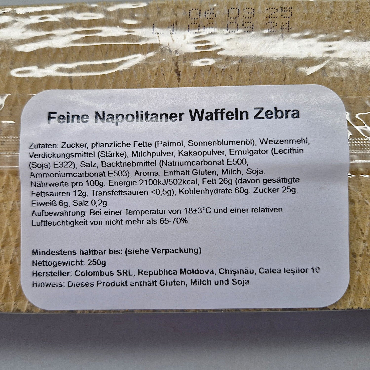 Neapolitaner Waffeln Zebra mit Milch- und Kakaocreme 250g