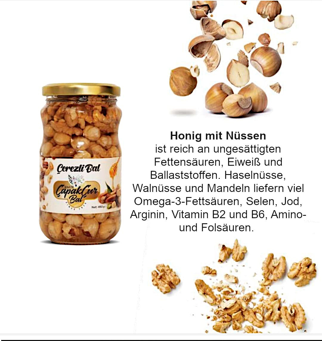 Honig mit Nüssen, 850g Blütenhonig mit Haselnüssen, Walnüssen, Mandeln in Premium Qualität