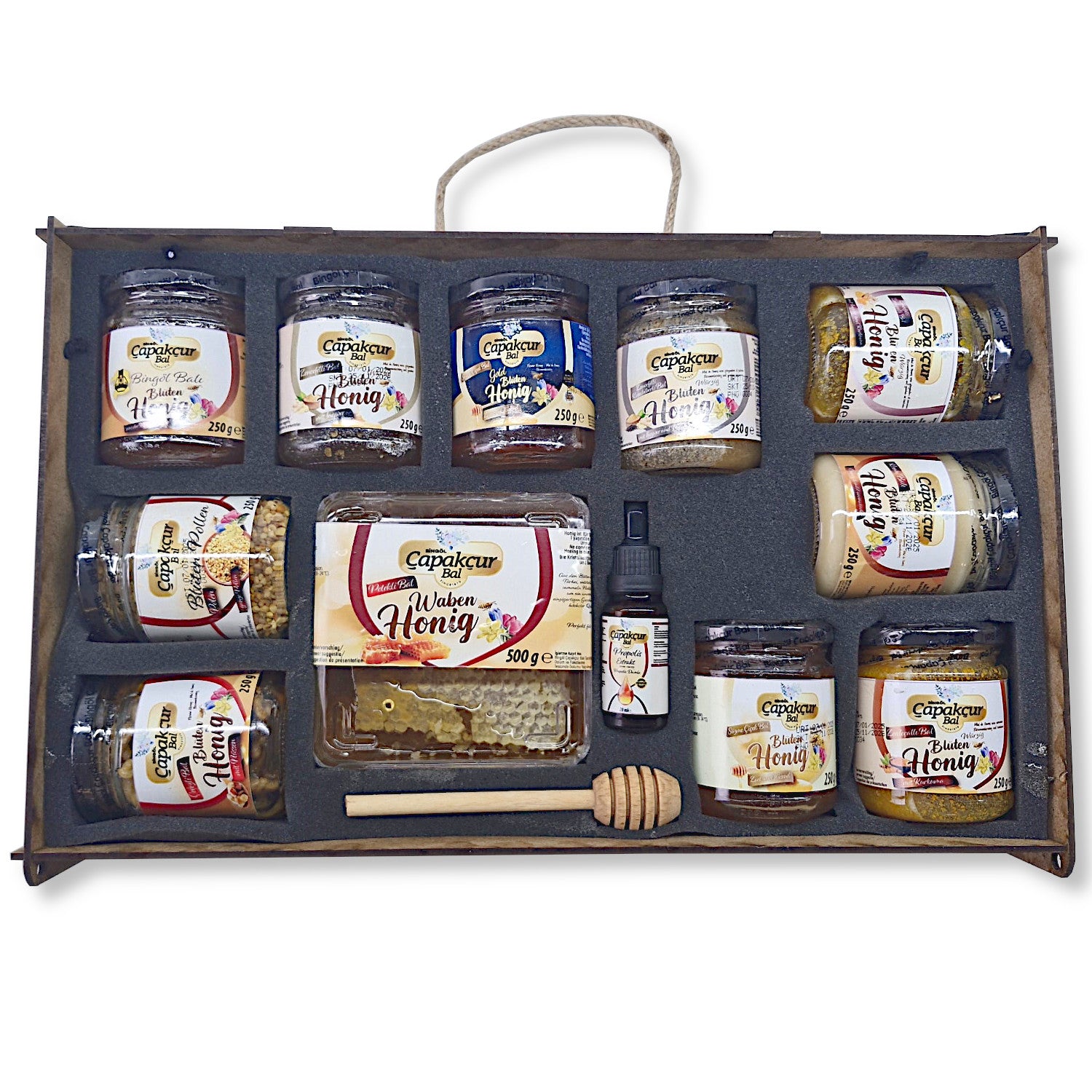 Honig-Geschenkset / Probierset, beste Qualität mit 9 verschiedenen Honigen + Honigwabe + Propolis + Blütenpollen + Honiglöffel